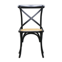 Black wooden chair with a woven seat on a white background