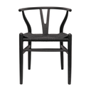 Black wooden chair with woven seat on a white background