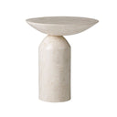 Smokey white marble side table with a circular top on a white background
