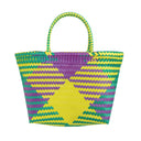 Colorful yellow, purple, and green woven bag on a white background