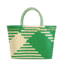 Woven green and beige bag on a white background