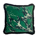 Green patterned pillow with black trim on a white background