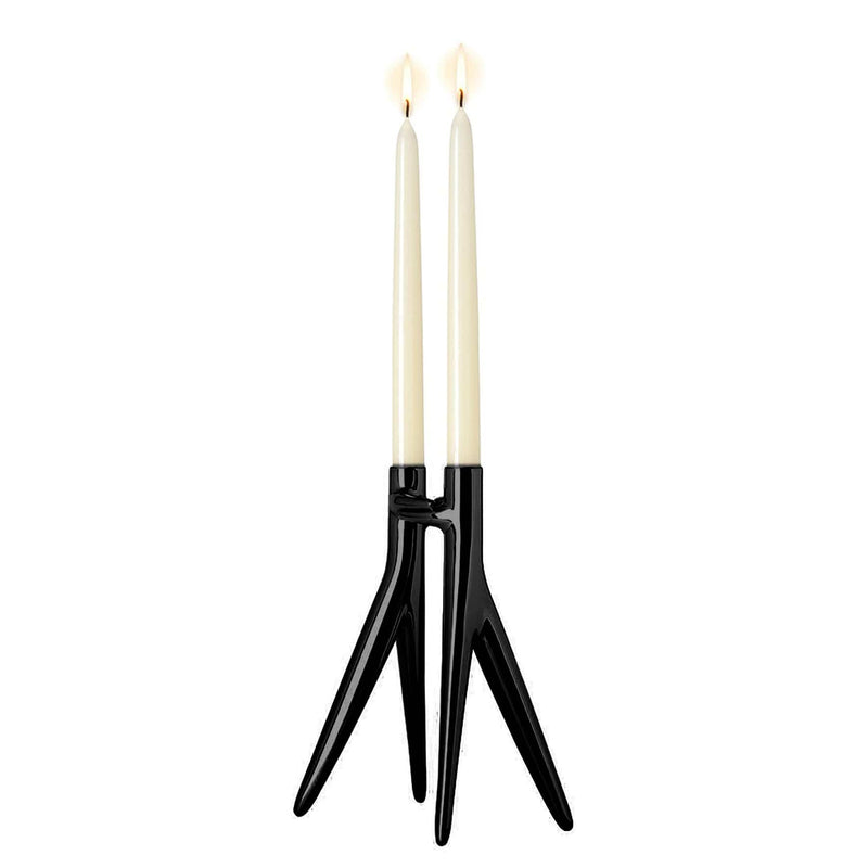Black candle holder holding two candles.