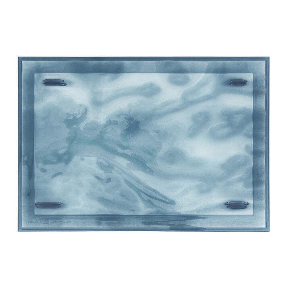 A birds eye view of a light blue tray made by Kartell.