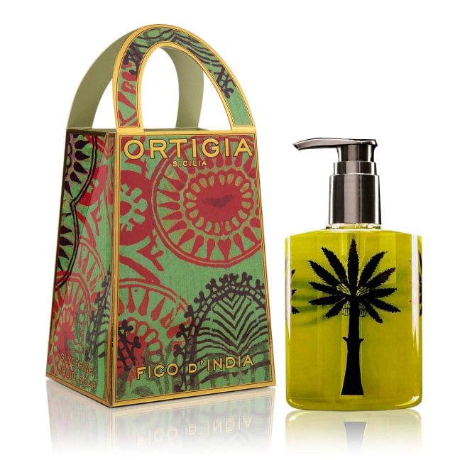 A bottle of Ortigia liquid soap and its Sicilian themed packaging.