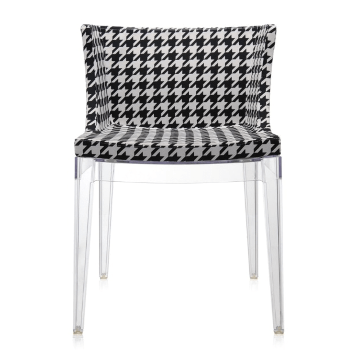 A black and white check chair with transparent legs.