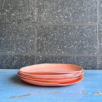 Side on view of a ceramic dinner plate in Cantelope colour.