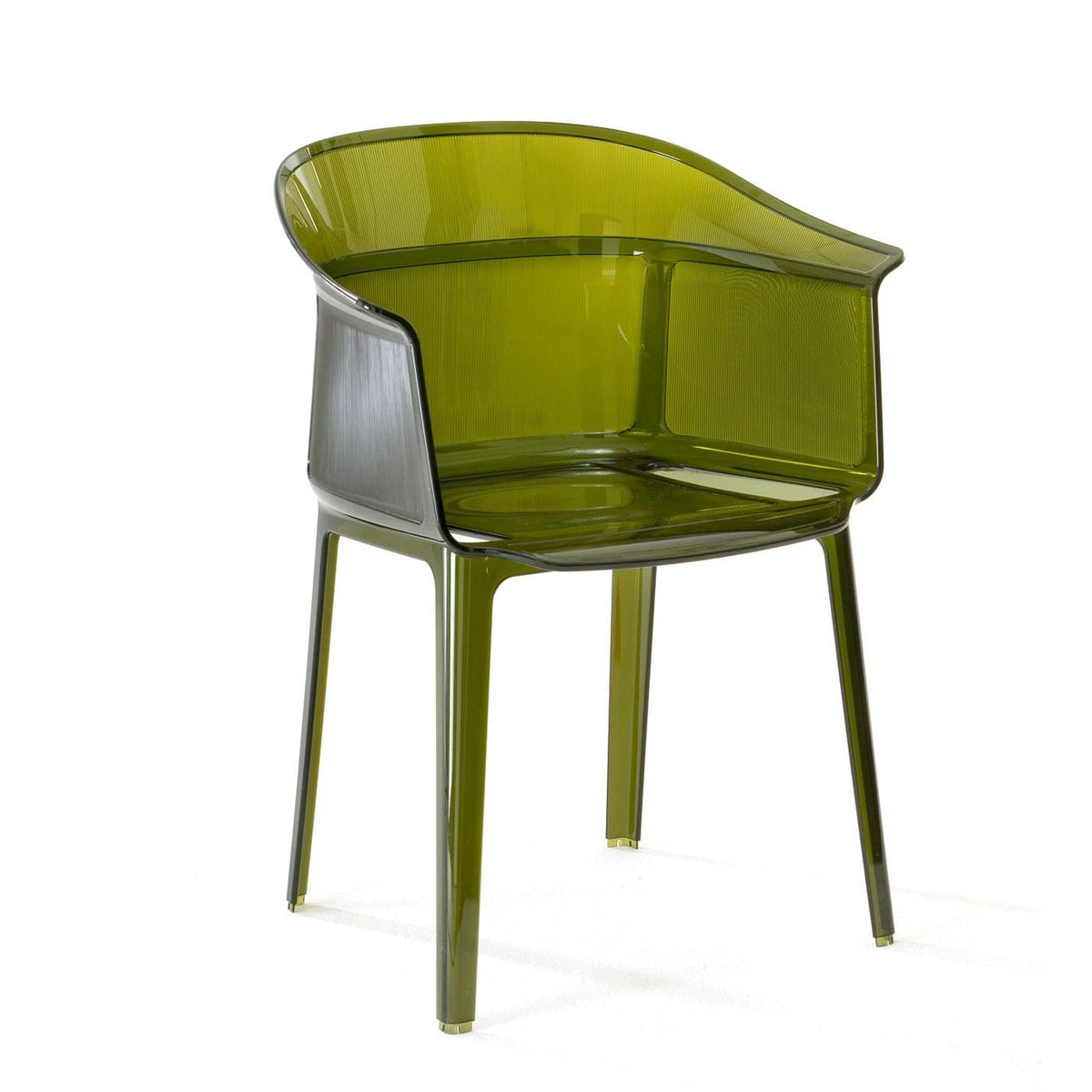 A transparent green chair with a high back by Kartell.