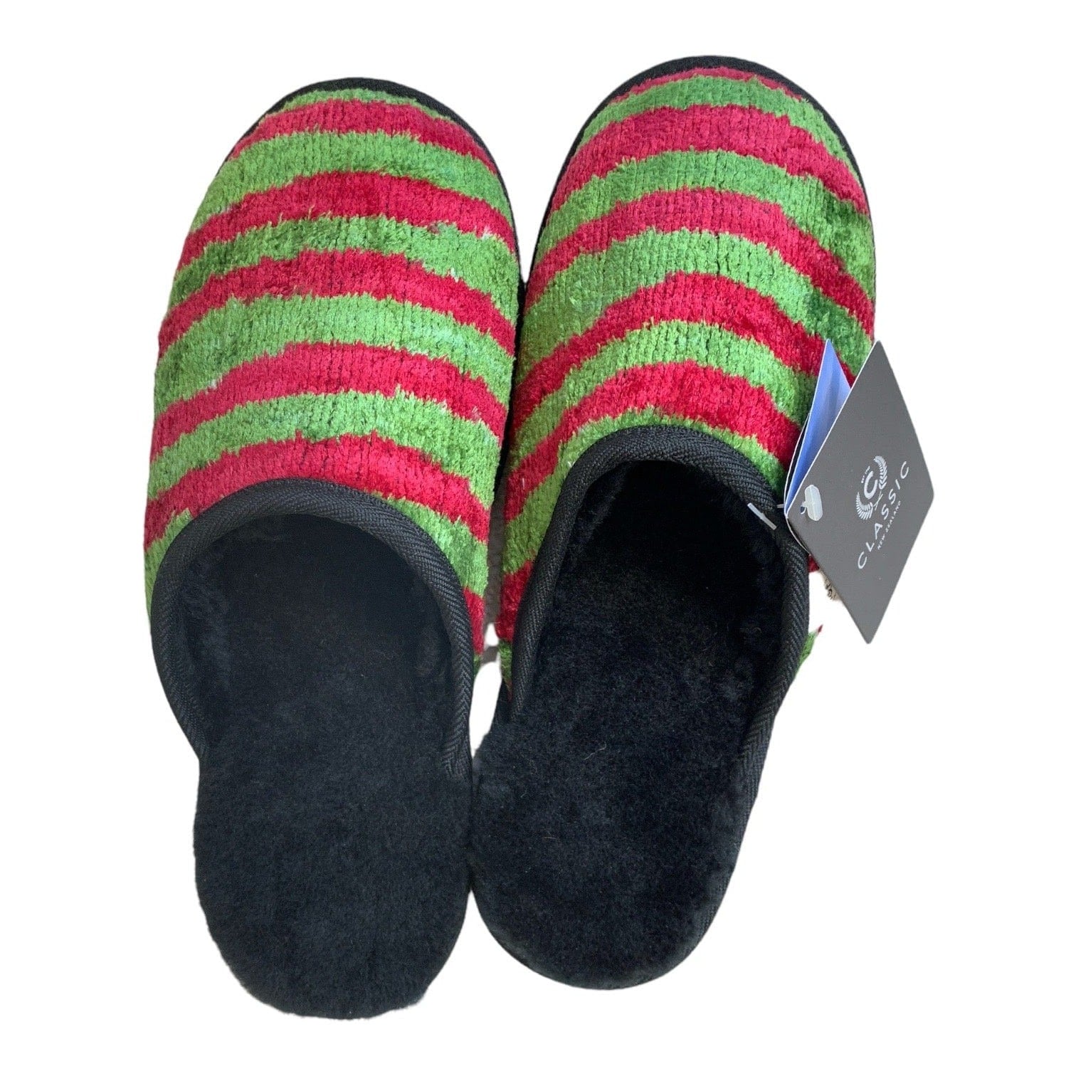 Pink & Green Stripe Large Black Slippers