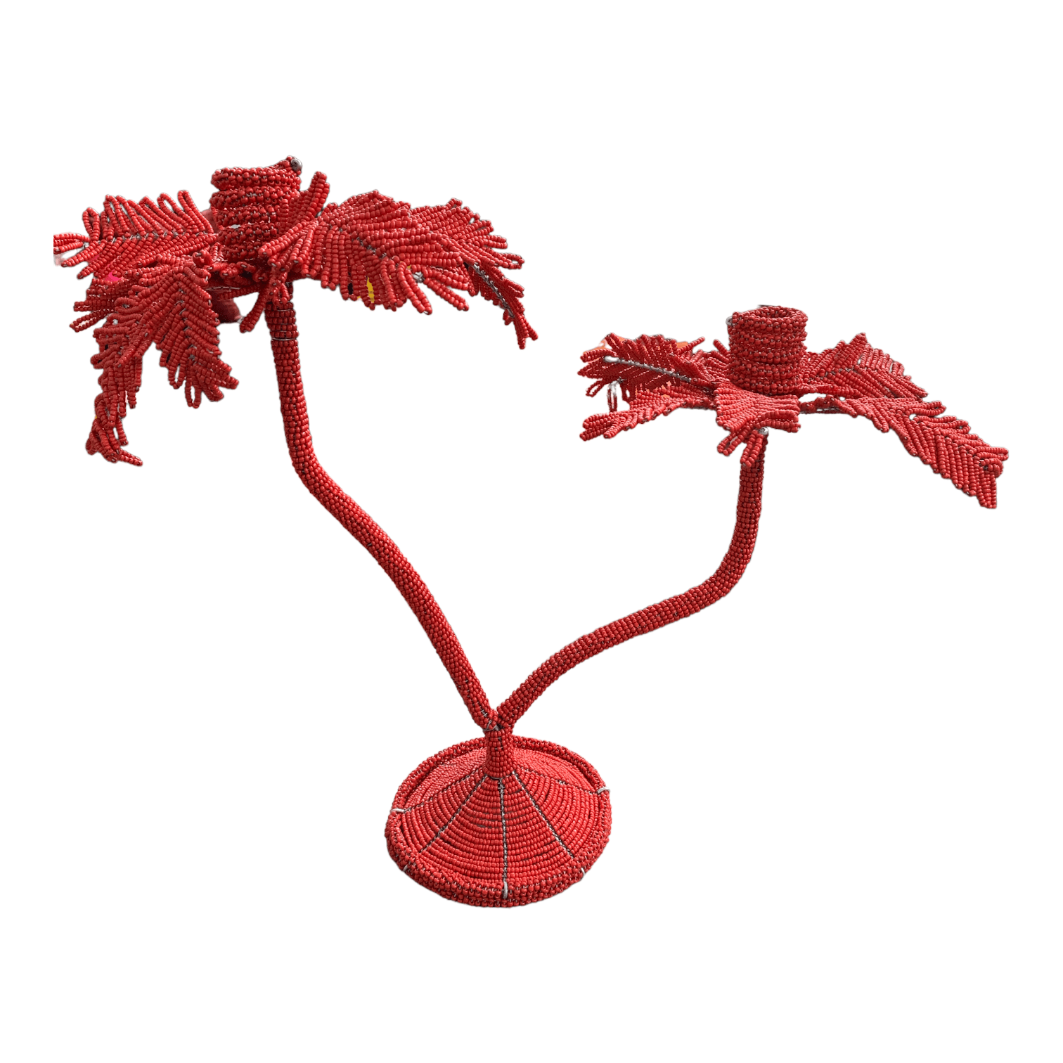 Beaded Double Palm Candle Holder Red