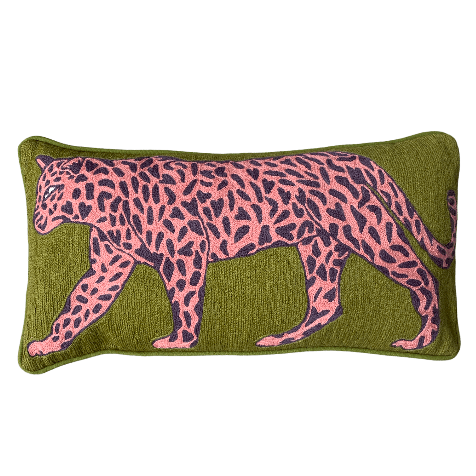 Olive Embroidered Leopard 60x35cm Cushion