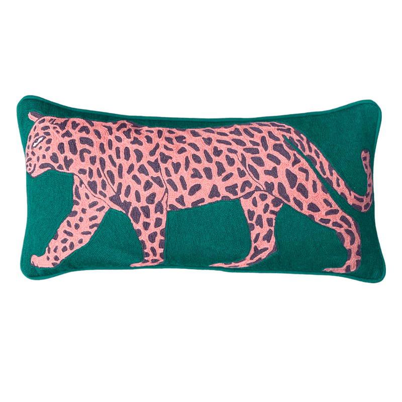Emerald Embroidered Leopard 60x35cm Cushion