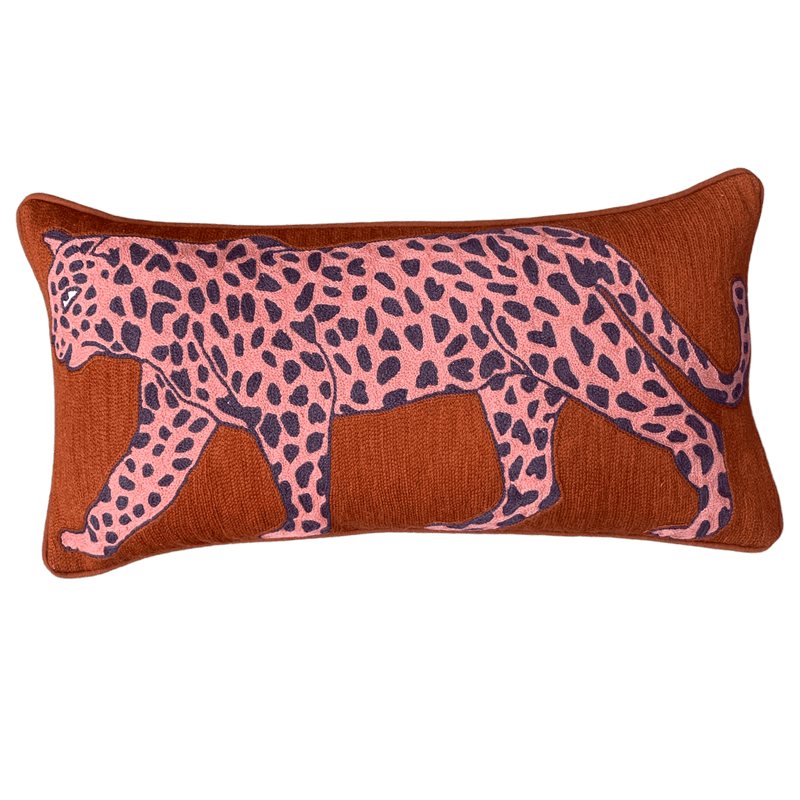 Rust Embroidered Leopard 60x30cm Cushion