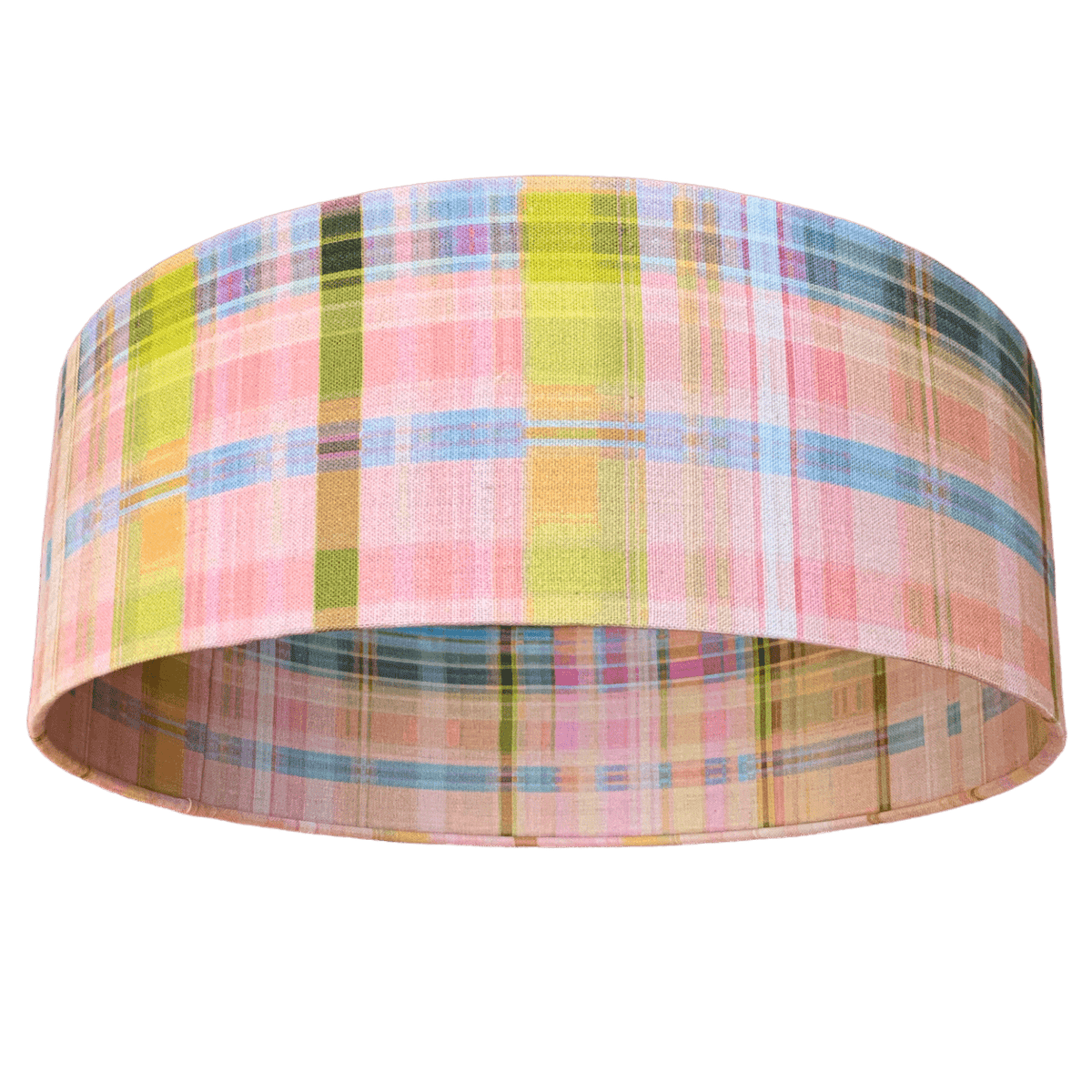 Anna Spiro drum lampshade with a pink, blue and yellow print.