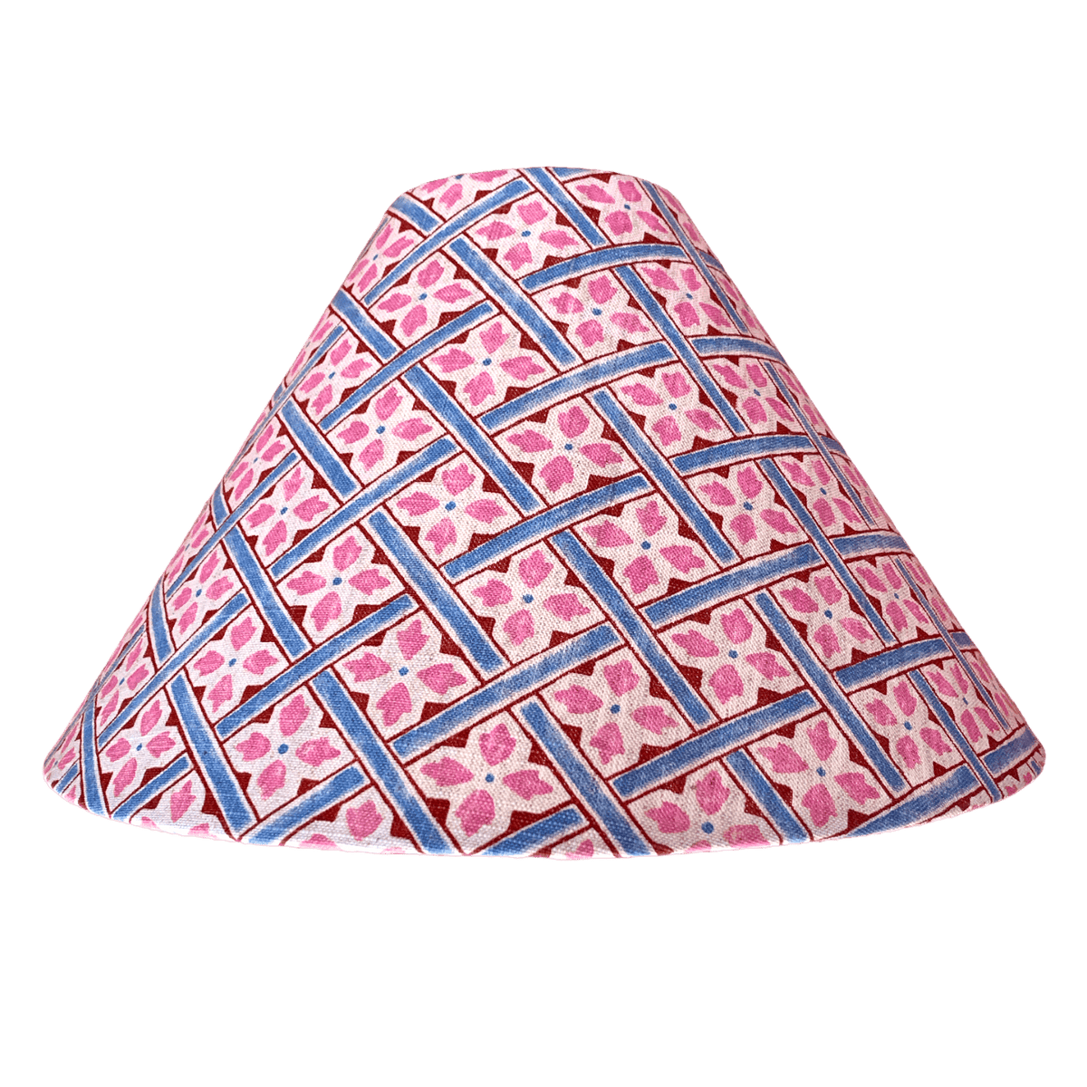 Pink patterned cone lampshade.