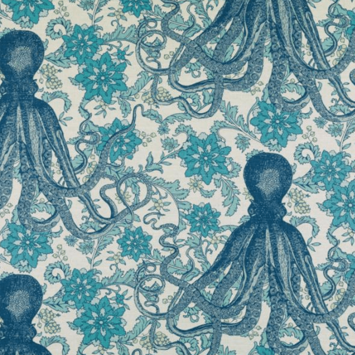 Blue and white linen fabric with octopus.
