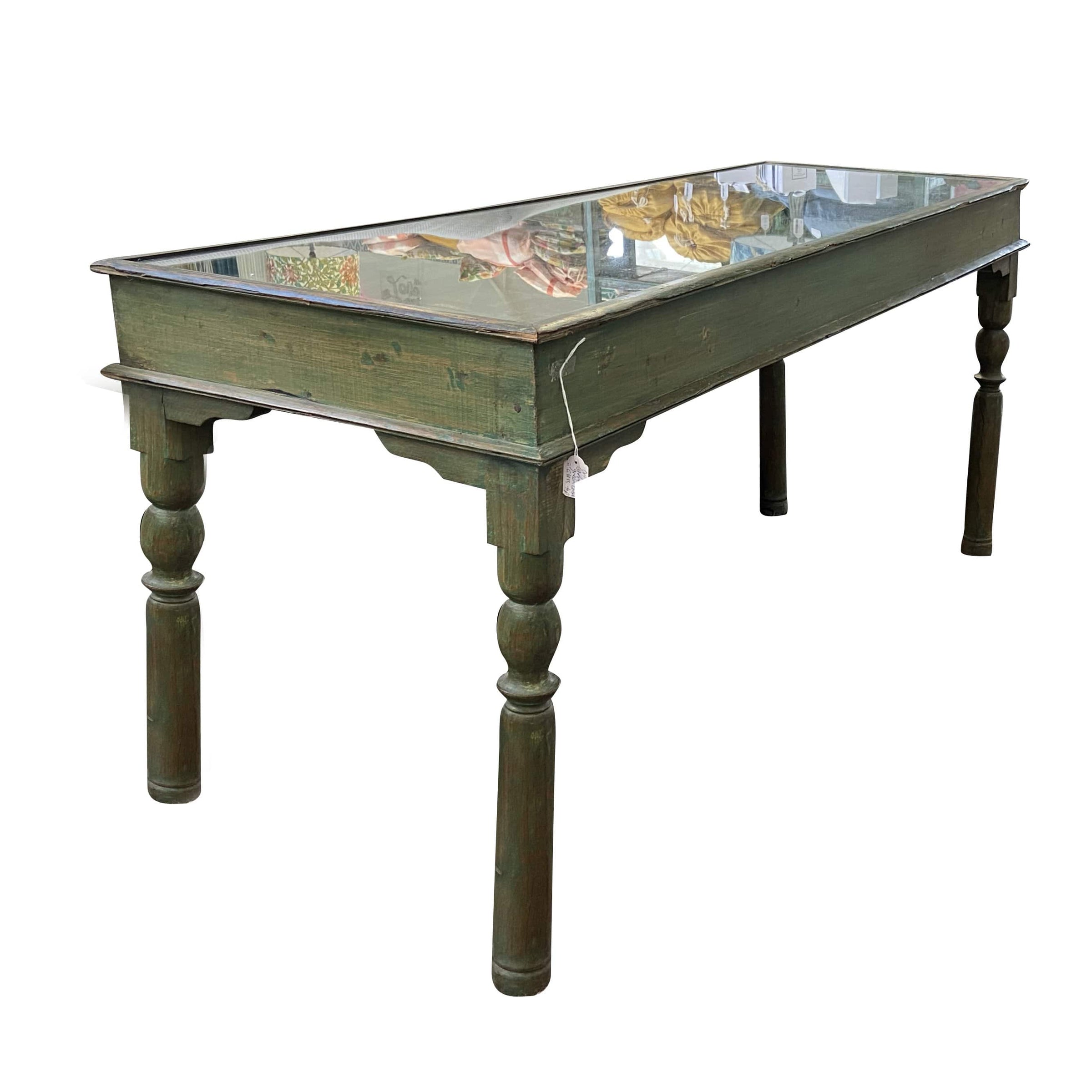 Original Carved Green Console with Glass Top