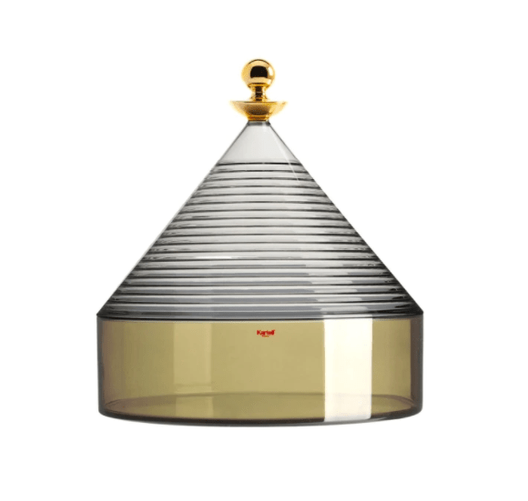 A transparent green and grey table container with a triangle lid and gold handle.