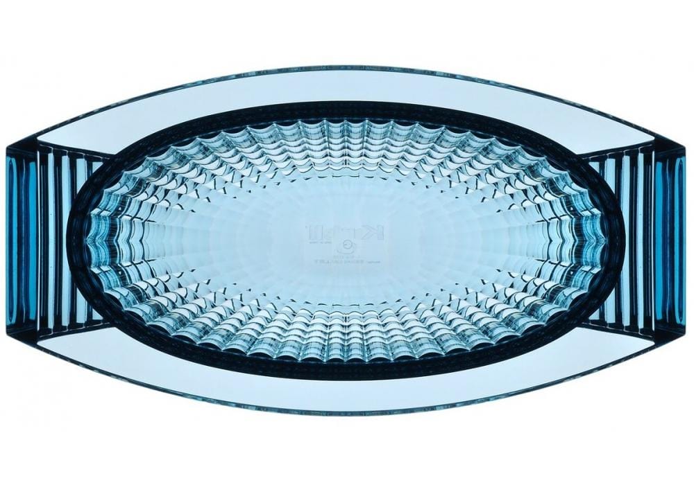 The top of a transparent blue table centrepiece by Kartell.