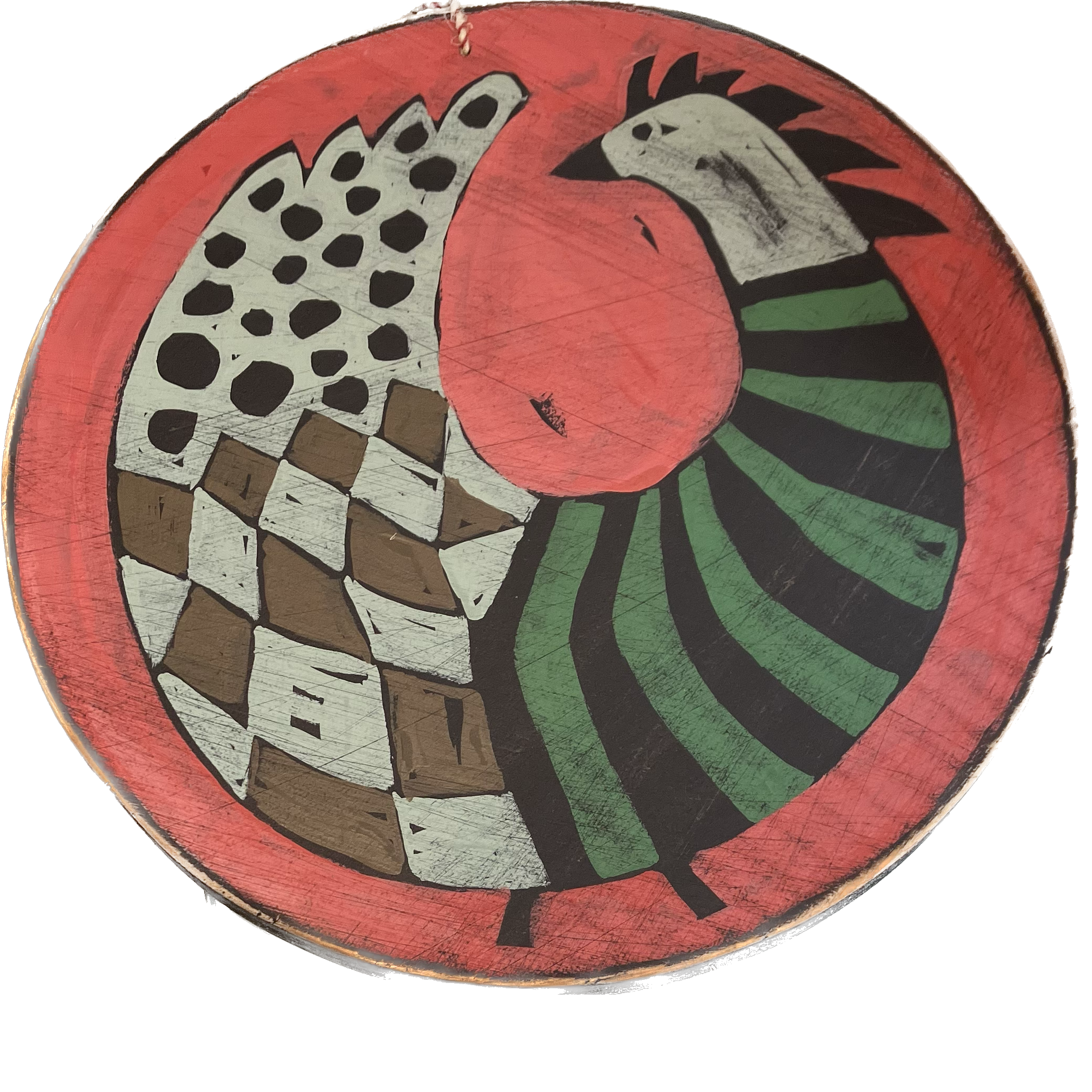A round wooden piece of wall art with a painting of a bird on a red background.