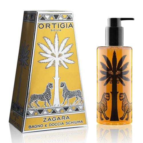Bottle of Ortigia Zagara shower gel with an exotic Sicilian themed print.